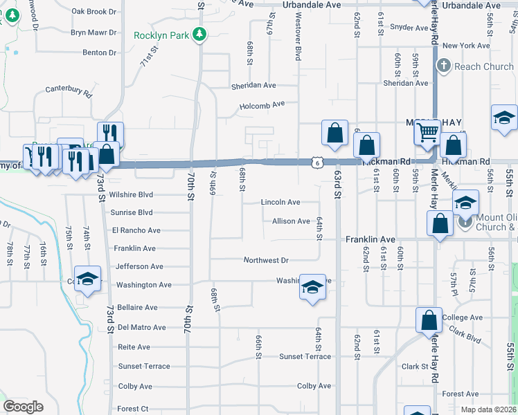 map of restaurants, bars, coffee shops, grocery stores, and more near 6522 Lincoln Avenue in Windsor Heights