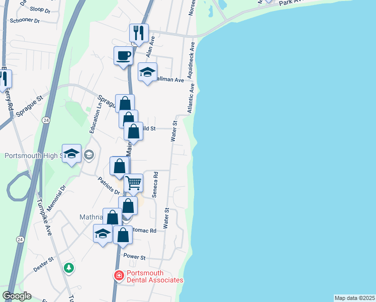 map of restaurants, bars, coffee shops, grocery stores, and more near 38 Morningside Lane in Portsmouth