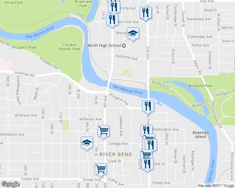 map of restaurants, bars, coffee shops, grocery stores, and more near 1957 Arlington Avenue in Des Moines