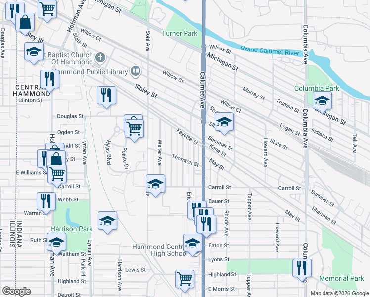 map of restaurants, bars, coffee shops, grocery stores, and more near 5508 Beall Avenue in Hammond
