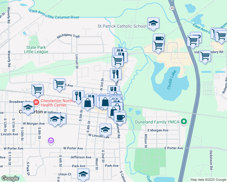 map of restaurants, bars, coffee shops, grocery stores, and more near 102 Wabash Ave in Chesterton