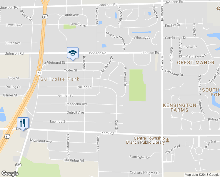 map of restaurants, bars, coffee shops, grocery stores, and more near 727 Pulling Street in South Bend