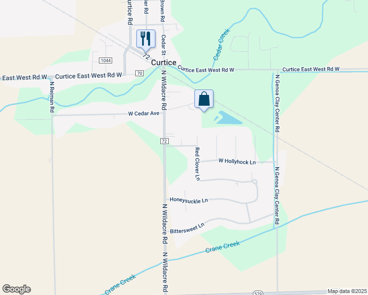 map of restaurants, bars, coffee shops, grocery stores, and more near 22393 Red Clover Lane in Curtice