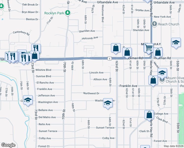 map of restaurants, bars, coffee shops, grocery stores, and more near 6522 Lincoln Avenue in Windsor Heights