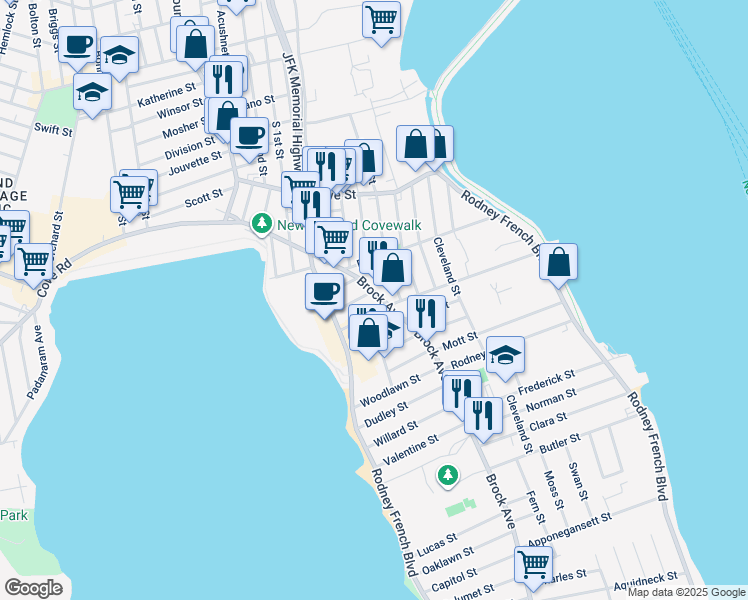 map of restaurants, bars, coffee shops, grocery stores, and more near 11 George Street in New Bedford