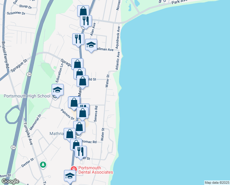 map of restaurants, bars, coffee shops, grocery stores, and more near 38 Morningside Lane in Portsmouth