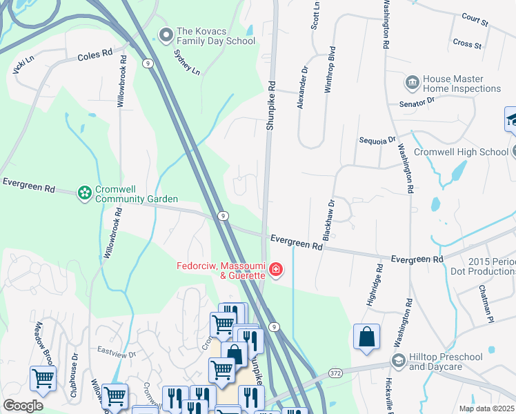 map of restaurants, bars, coffee shops, grocery stores, and more near 399 Woodland Drive in Cromwell