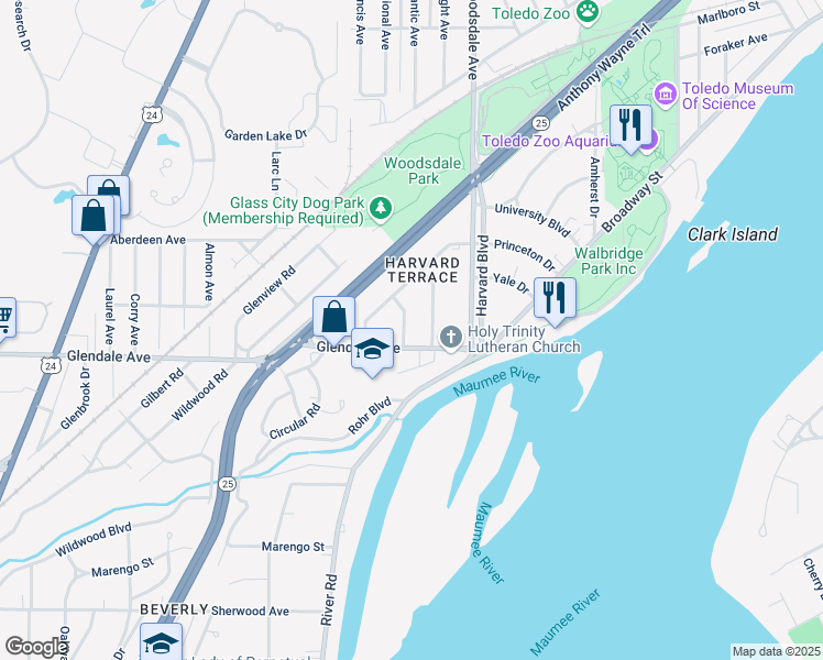 map of restaurants, bars, coffee shops, grocery stores, and more near 1448 Kenyon Drive in Toledo