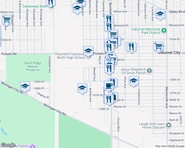 map of restaurants, bars, coffee shops, grocery stores, and more near 753 Buffalo Avenue in Calumet City