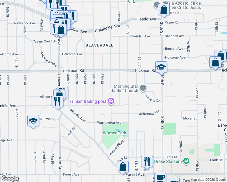 map of restaurants, bars, coffee shops, grocery stores, and more near 2022 36th Street in Des Moines