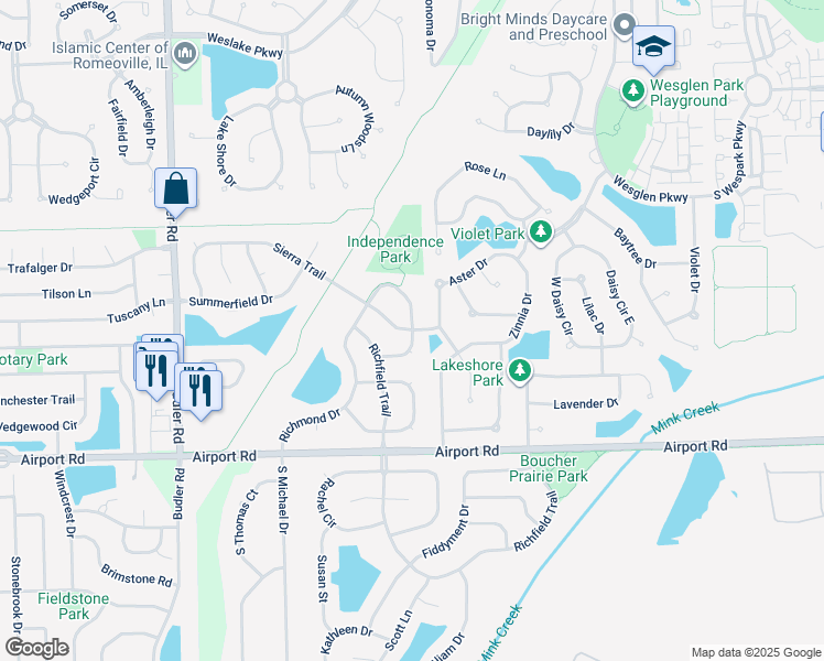 map of restaurants, bars, coffee shops, grocery stores, and more near 1700 Raleigh Trail in Romeoville