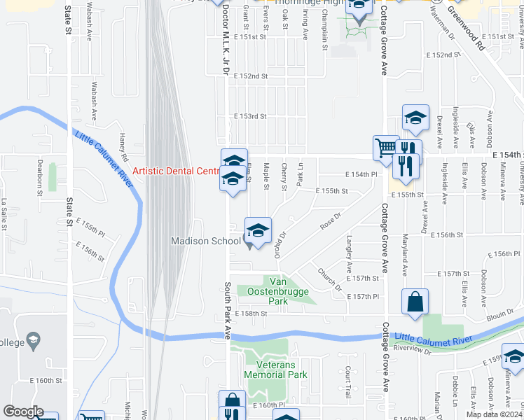 map of restaurants, bars, coffee shops, grocery stores, and more near 15528 Maple Street in South Holland