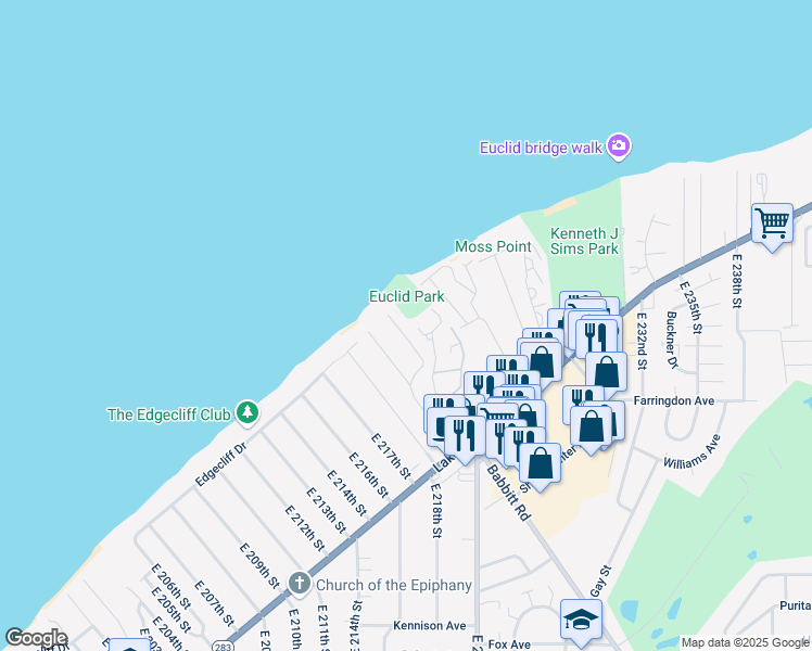 map of restaurants, bars, coffee shops, grocery stores, and more near 25 East 221st Street in Euclid