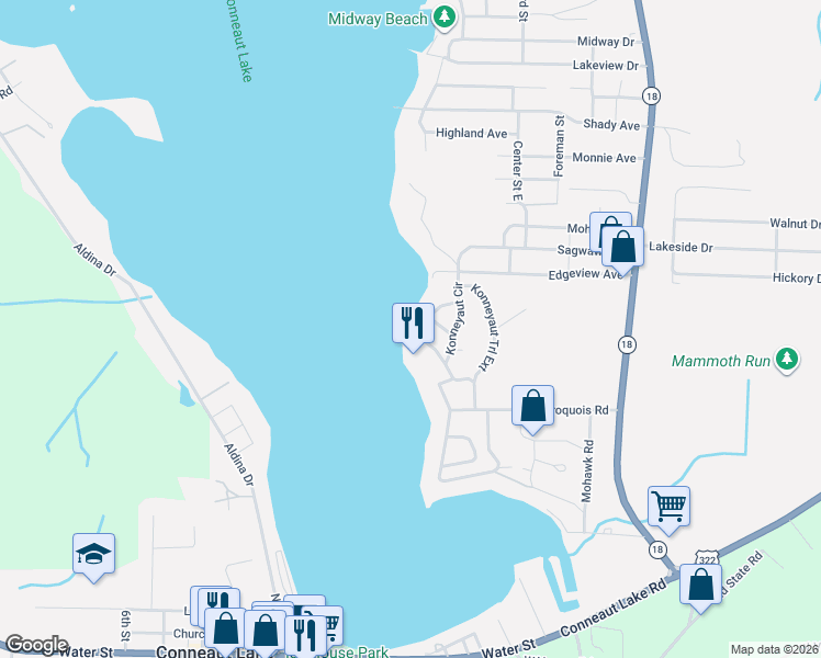 map of restaurants, bars, coffee shops, grocery stores, and more near Konneyaut Trail in Conneaut Lake