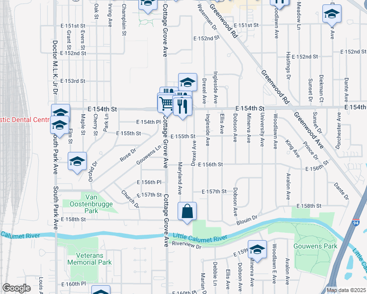 map of restaurants, bars, coffee shops, grocery stores, and more near 15517 Maryland Avenue in Dolton