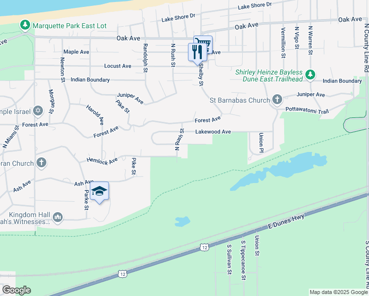 map of restaurants, bars, coffee shops, grocery stores, and more near 8221 Hickory Avenue in Gary