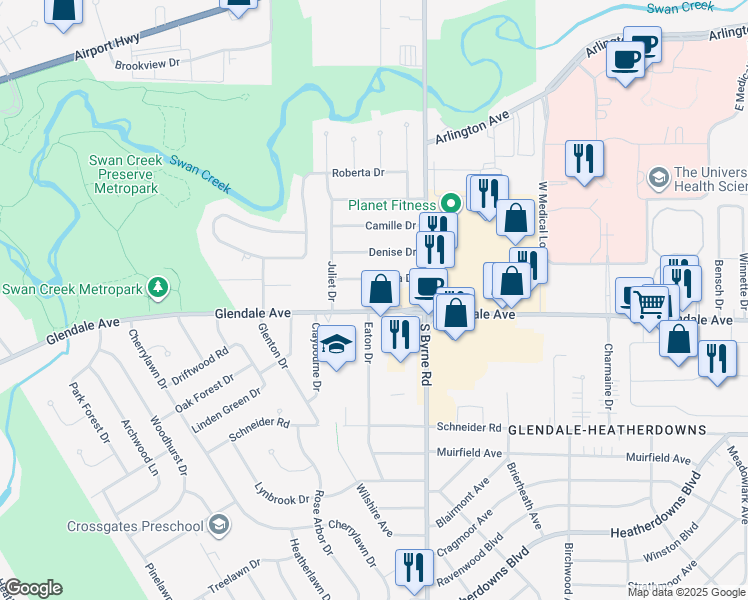 map of restaurants, bars, coffee shops, grocery stores, and more near 3604 Glendale Ave in Toledo