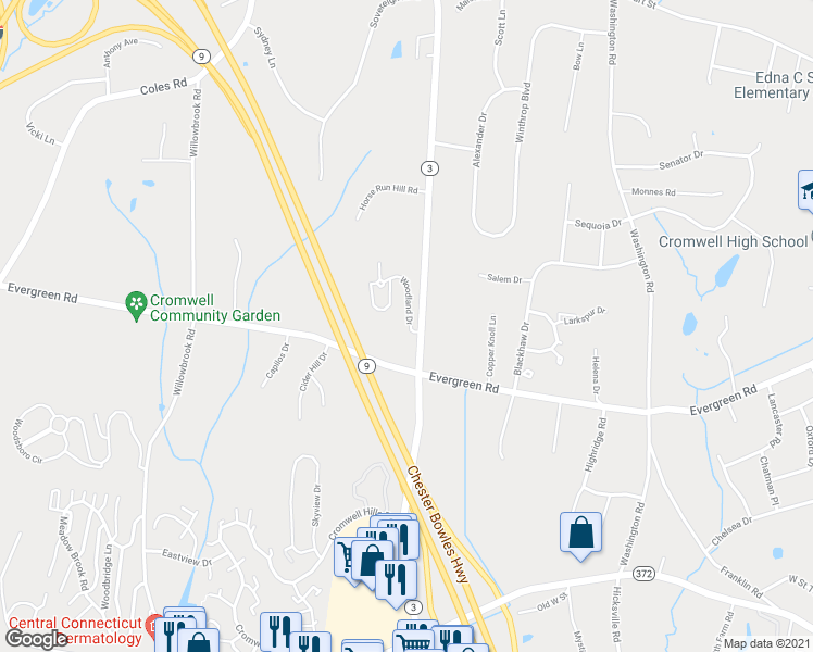 map of restaurants, bars, coffee shops, grocery stores, and more near 39 Woodland Drive in Cromwell