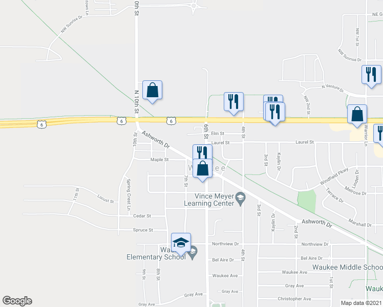 map of restaurants, bars, coffee shops, grocery stores, and more near 675 Ashworth Drive in Waukee