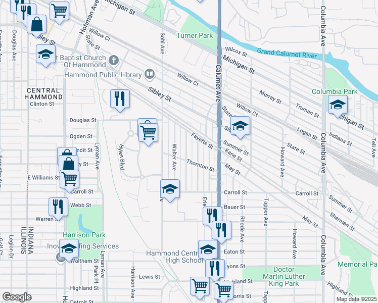 map of restaurants, bars, coffee shops, grocery stores, and more near in Hammond