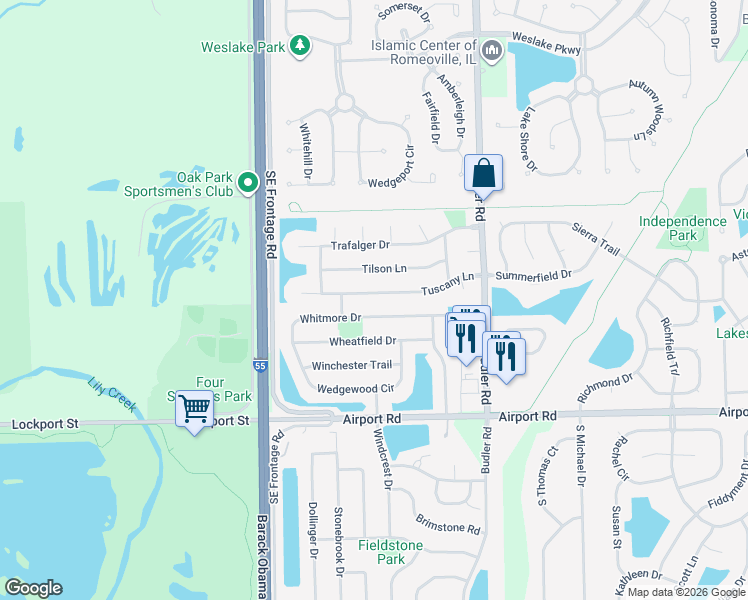 map of restaurants, bars, coffee shops, grocery stores, and more near 1983 Tuscany Lane in Romeoville