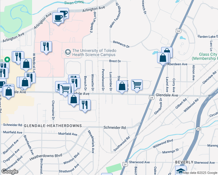 map of restaurants, bars, coffee shops, grocery stores, and more near 1438 Luscombe Drive in Toledo