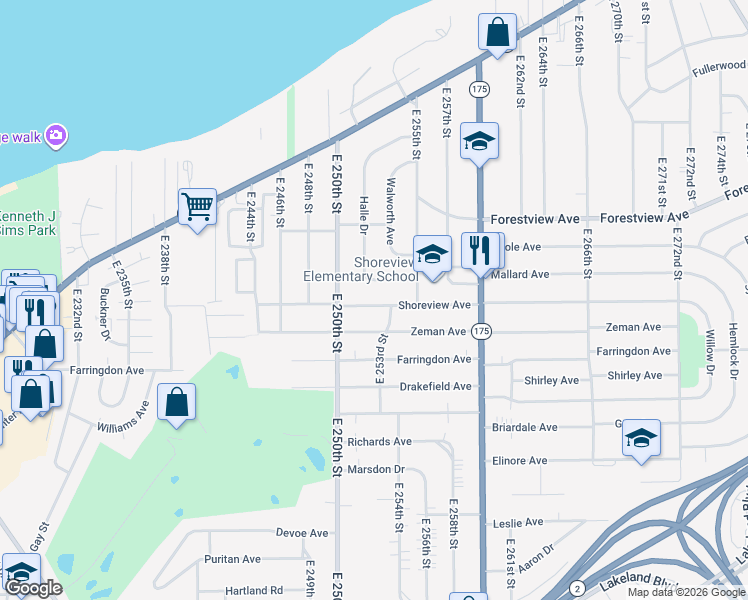 map of restaurants, bars, coffee shops, grocery stores, and more near 25371 Shoreview Avenue in Euclid