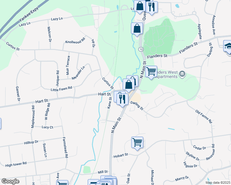 map of restaurants, bars, coffee shops, grocery stores, and more near 79 Curtiss Street in Southington