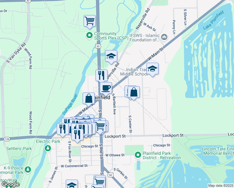 map of restaurants, bars, coffee shops, grocery stores, and more near 23902 West Evans Street in Plainfield