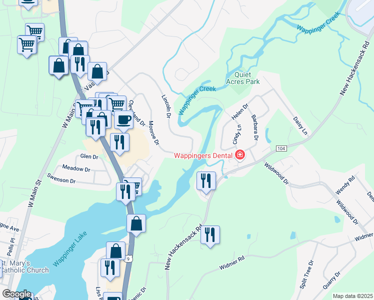 map of restaurants, bars, coffee shops, grocery stores, and more near 39 Monroe Drive in Poughkeepsie