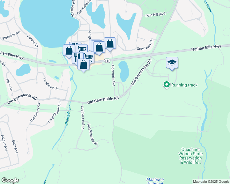 map of restaurants, bars, coffee shops, grocery stores, and more near 25 Algonquin Avenue in Mashpee