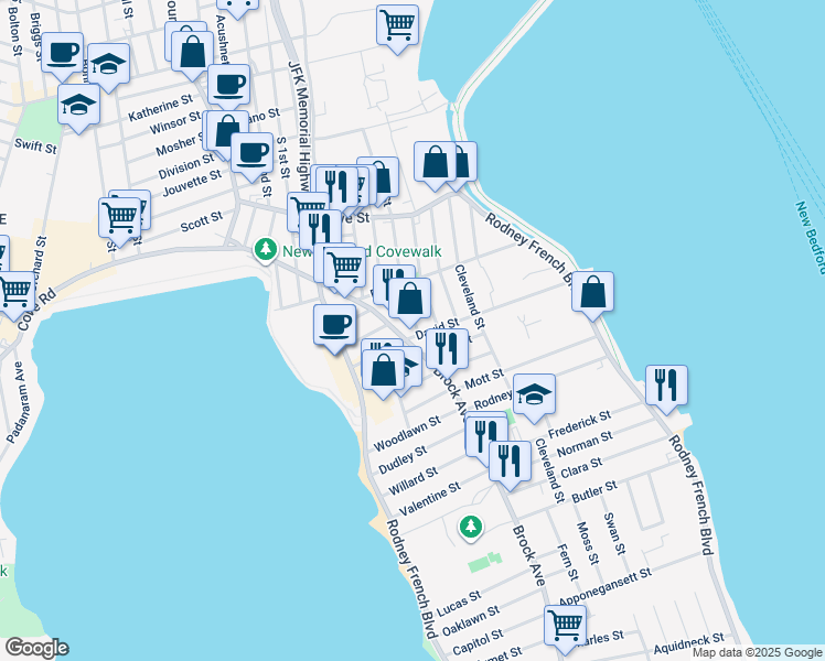 map of restaurants, bars, coffee shops, grocery stores, and more near 61 Salisbury Street in New Bedford