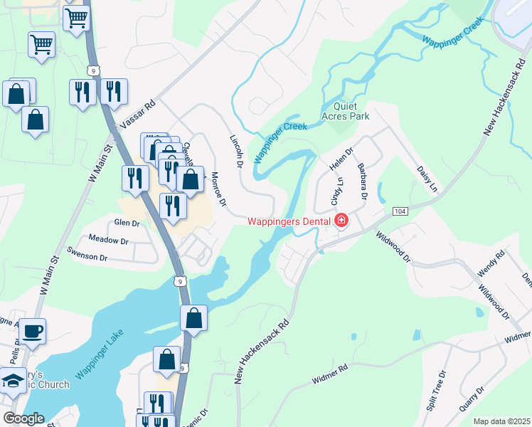 map of restaurants, bars, coffee shops, grocery stores, and more near 39 Monroe Drive in Poughkeepsie