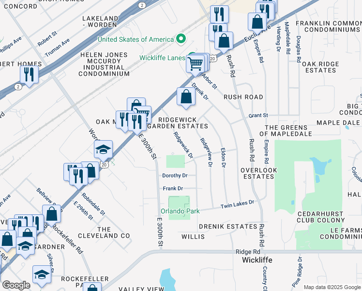map of restaurants, bars, coffee shops, grocery stores, and more near 1628 Ridgewick Drive in Wickliffe