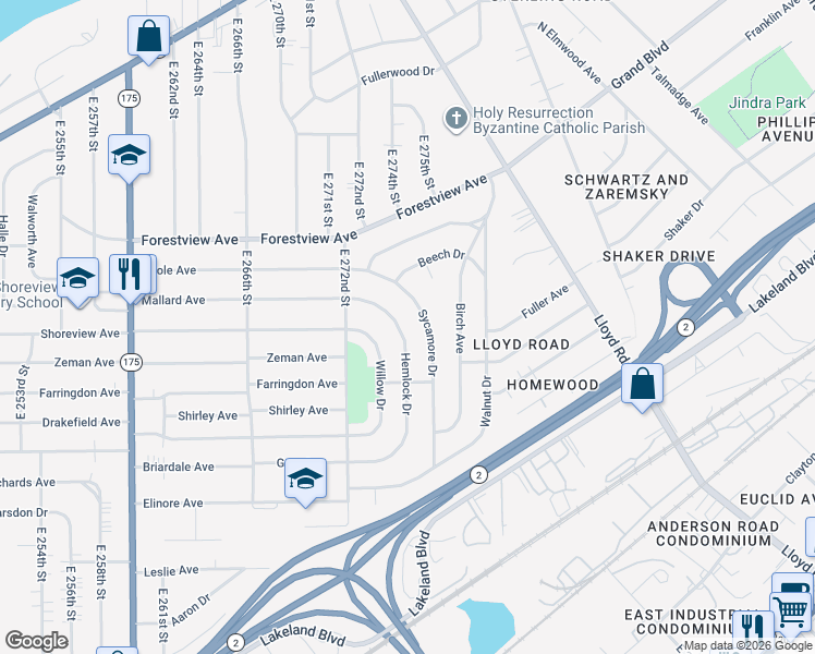map of restaurants, bars, coffee shops, grocery stores, and more near 589 Hemlock Drive in Euclid