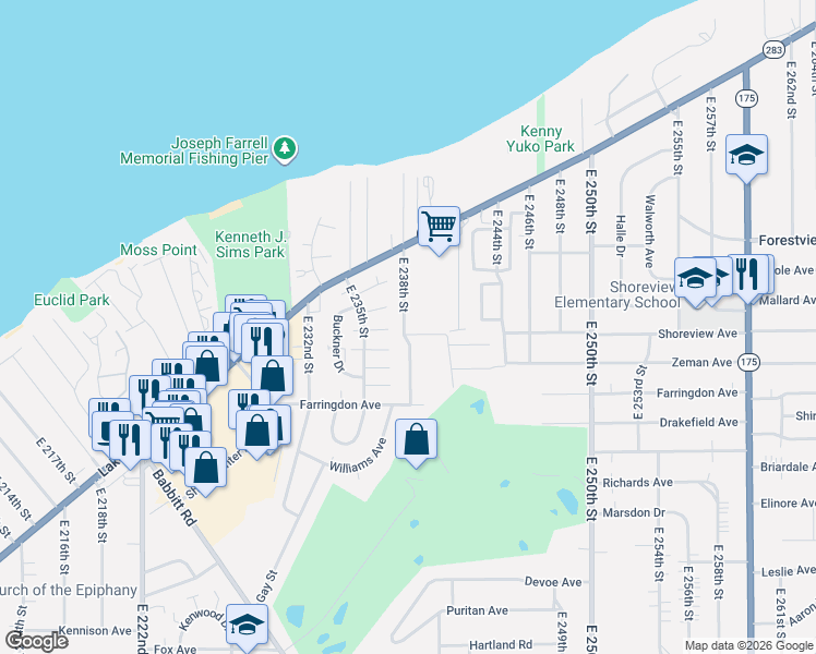 map of restaurants, bars, coffee shops, grocery stores, and more near 269 East 238th Street in Euclid
