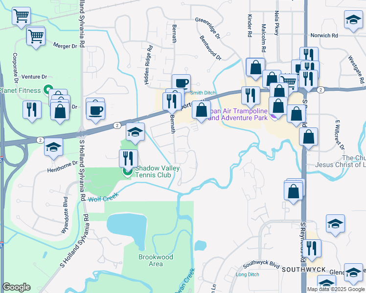 map of restaurants, bars, coffee shops, grocery stores, and more near 1507 Bernath in Toledo