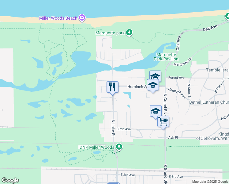 map of restaurants, bars, coffee shops, grocery stores, and more near 435 North Lake Street in Gary