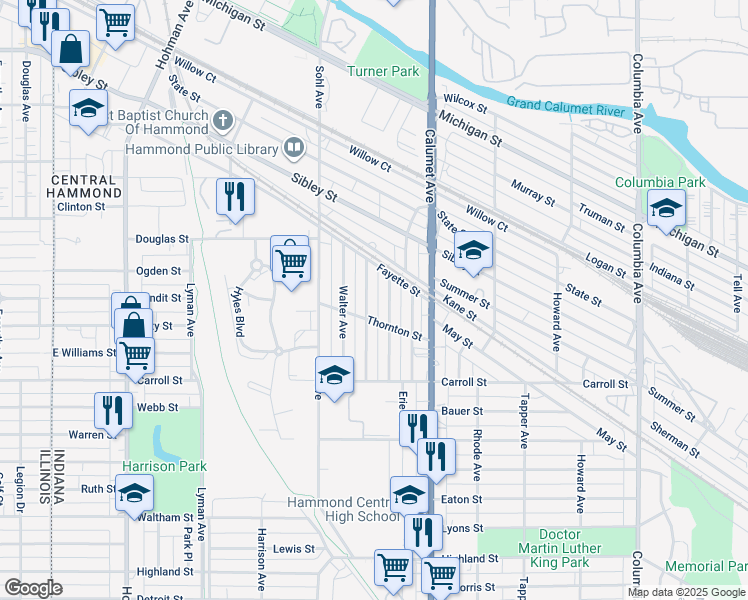 map of restaurants, bars, coffee shops, grocery stores, and more near in Hammond