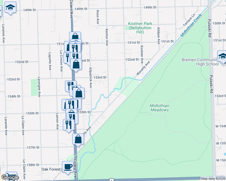 map of restaurants, bars, coffee shops, grocery stores, and more near 15328 Kenton Avenue in Oak Forest