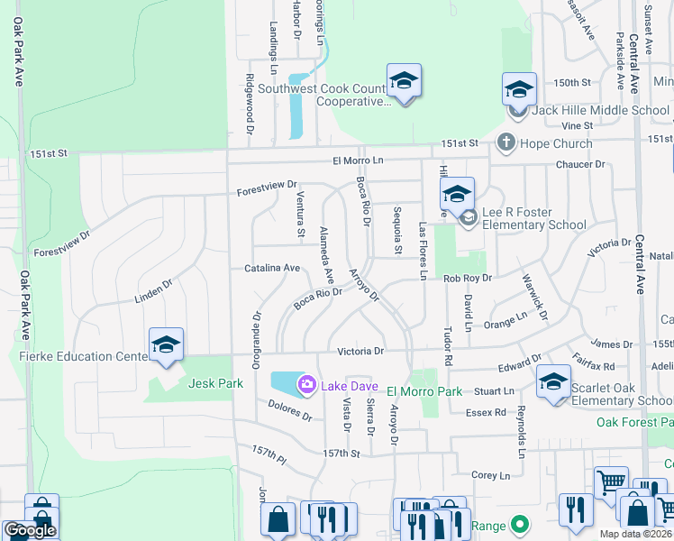 map of restaurants, bars, coffee shops, grocery stores, and more near 15343 Alameda Avenue in Oak Forest