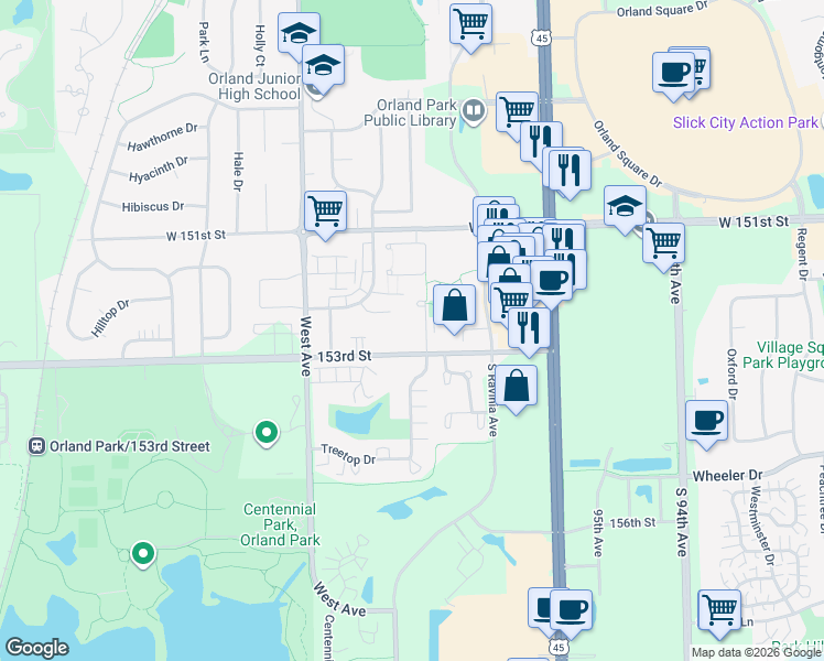 map of restaurants, bars, coffee shops, grocery stores, and more near 9865 Cordoba Court in Orland Park