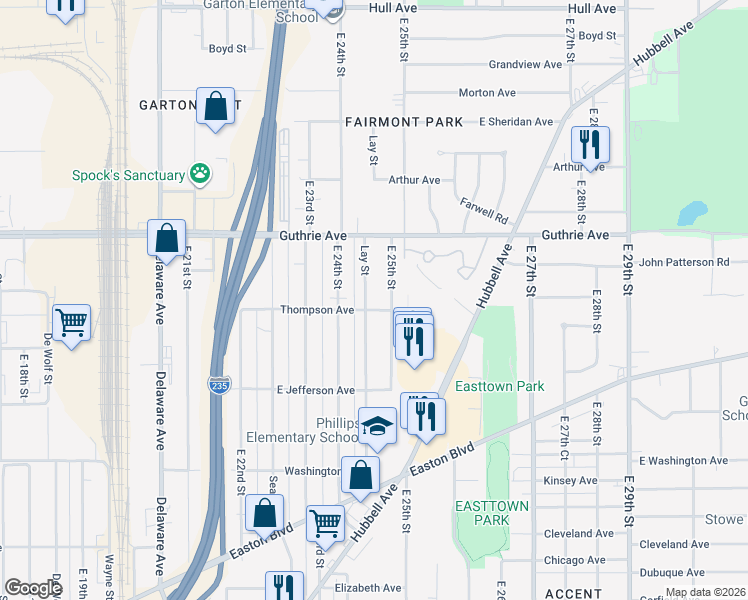 map of restaurants, bars, coffee shops, grocery stores, and more near 2108 East 25th Street in Des Moines