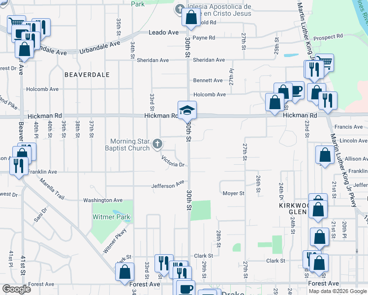 map of restaurants, bars, coffee shops, grocery stores, and more near 2015 30th Street in Des Moines