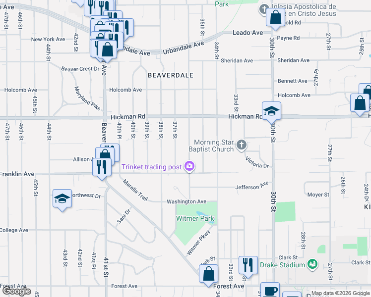 map of restaurants, bars, coffee shops, grocery stores, and more near 2022 36th Street in Des Moines