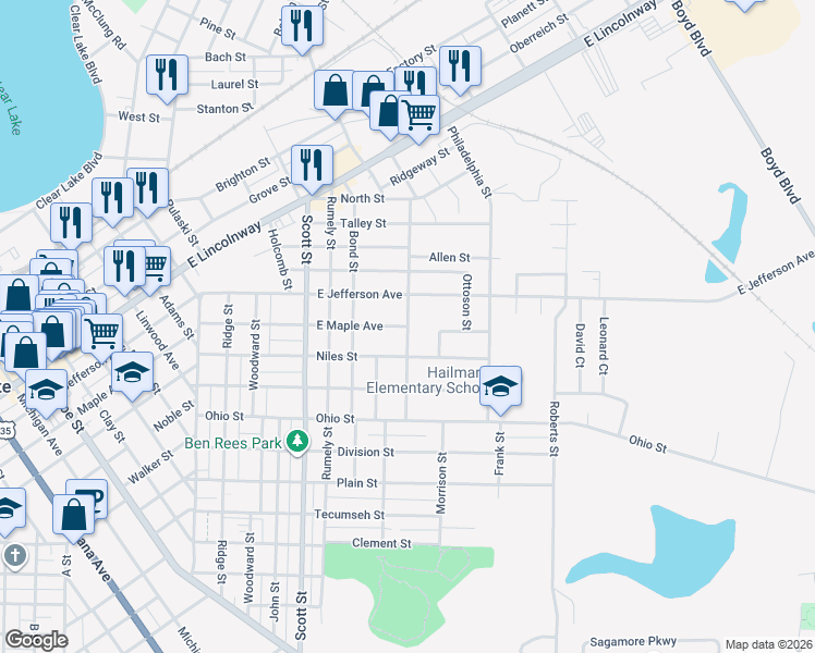 map of restaurants, bars, coffee shops, grocery stores, and more near 699 E Maple Ave in La Porte