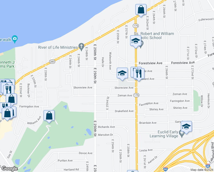 map of restaurants, bars, coffee shops, grocery stores, and more near 25331 Shoreview Avenue in Euclid