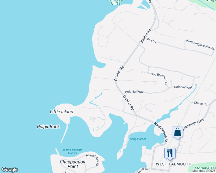 map of restaurants, bars, coffee shops, grocery stores, and more near 78 Quaker Road in Falmouth