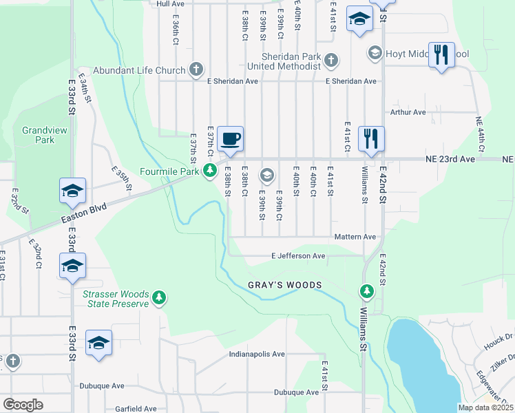 map of restaurants, bars, coffee shops, grocery stores, and more near 2014 East 39th Street in Des Moines