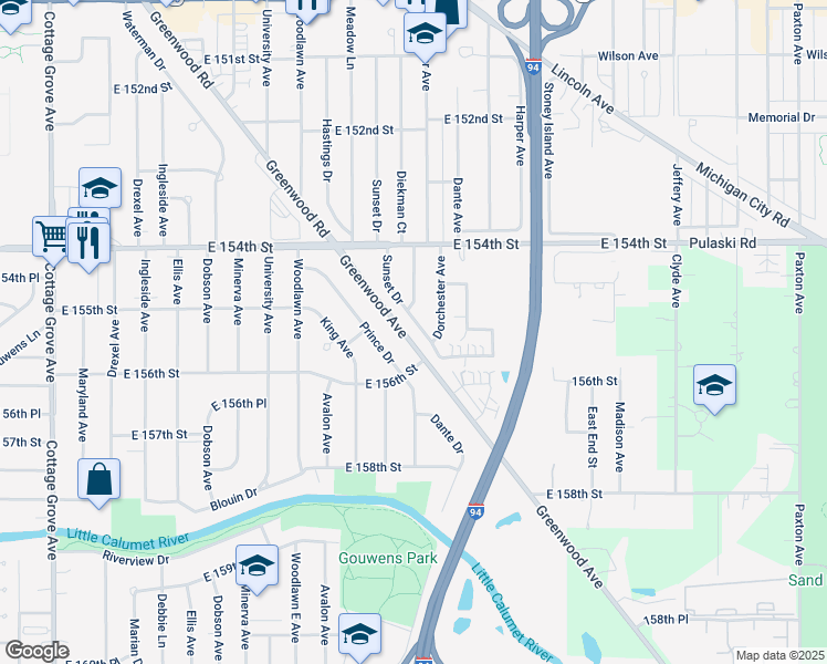 map of restaurants, bars, coffee shops, grocery stores, and more near 15524 Sunset Dr in Dolton